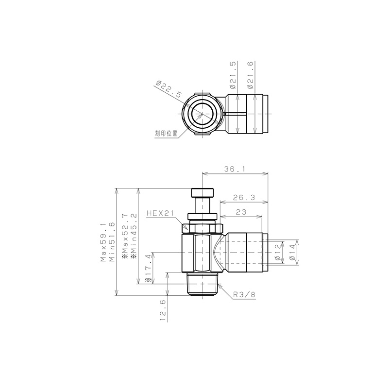 Bản vẽ kỹ thuật Van Tiết Lưu Khí Nén Bằng Đồng Mạ Niken Pisco KJSC12-03A-F