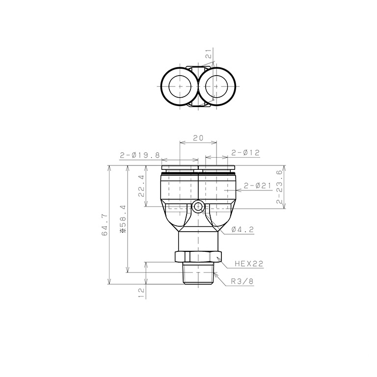 Bản vẽ kỹ thuật Đầu Nối Nhanh Khí Nén Dạng Chữ Y Ren Ngoài Pisco PPX12-03-C