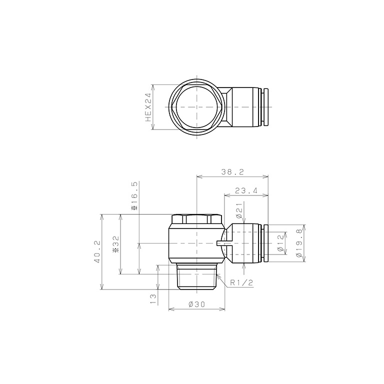Bản vẽ kỹ thuật Đầu Nối Nhanh Khí Nén Cong 90° Đầu Lục Giác Trụ Ren Ngoài Pisco SPH12-04