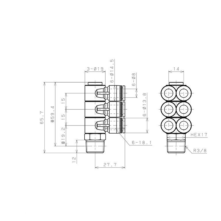 Bản vẽ kỹ thuật Đầu Nối Nhanh Khí Nén Sáu Nhánh Cong 90° Thân Lục Giác Trụ Ren Ngoài Pisco PAT8-03W