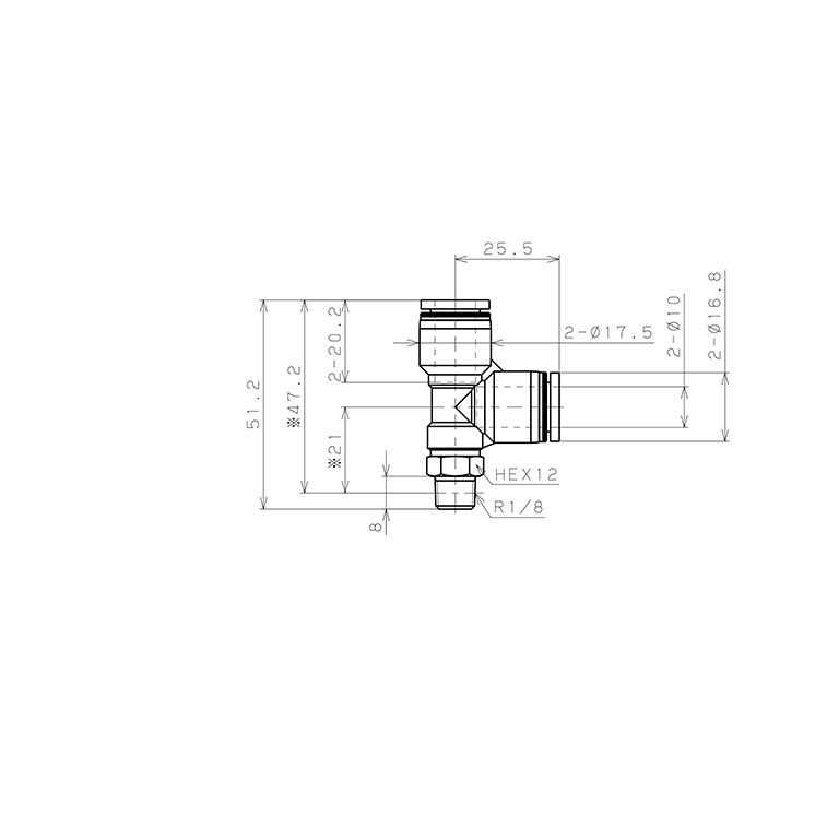 Bản vẽ kỹ thuật Đầu Nối Nhanh Khí Nén Dạng Chữ T Ren Ngoài Pisco PD10-01