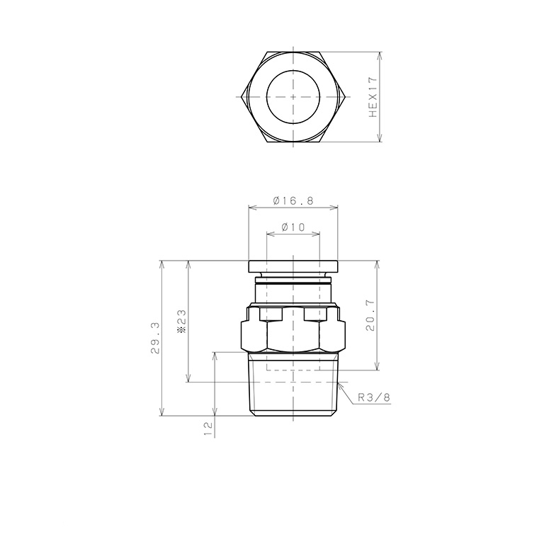 Bản vẽ kỹ thuật Đầu Nối Nhanh Khí Nén Dạng Thẳng Thân Lục Giác Ren Ngoài Pisco PC10-03-UC
