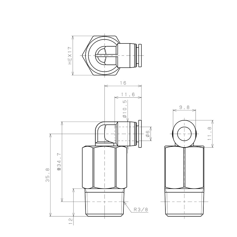 Bản vẽ kỹ thuật Đầu Nối Nhanh Khí Nén Dạng Cong 90° Ren Ngoài (Dài) Pisco PLL6-03M