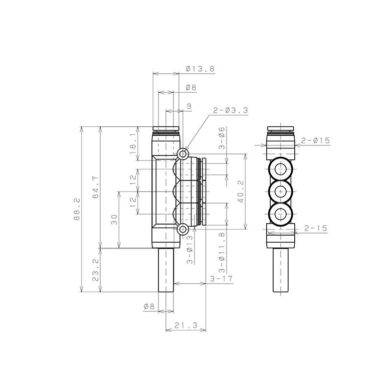 Bản vẽ kỹ thuật Đầu Nối Nhanh Khí Nén Giữa Ống Khí Và Fitting Bốn Nhánh Dạng Chữ T Pisco PKJ8-6