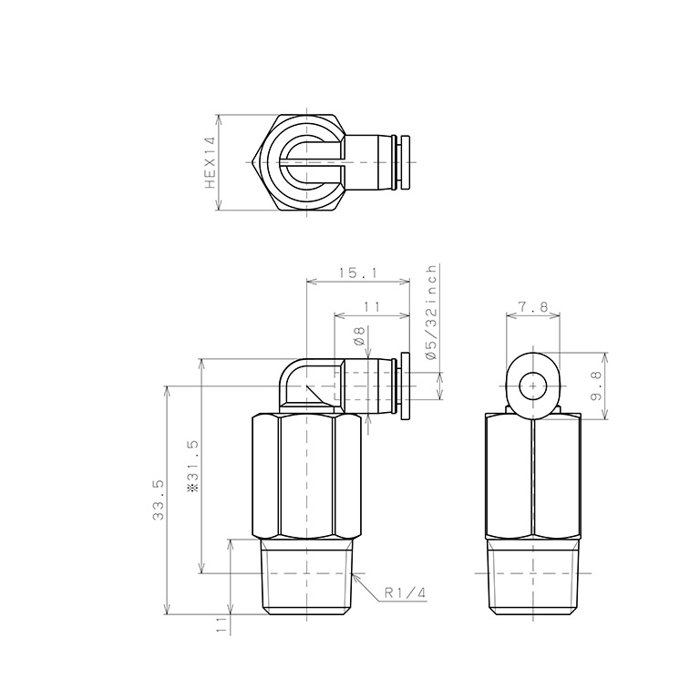 Bản vẽ kỹ thuật Đầu Nối Nhanh Khí Nén Dạng Cong 90° Ren Ngoài (Dài) Pisco PLL5/32-02M