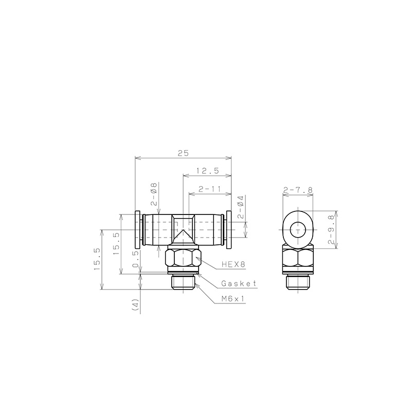 Bản vẽ kỹ thuật Đầu Nối Nhanh Khí Nén Dạng Chữ T Ren Ngoài Pisco PB4-M6M-C