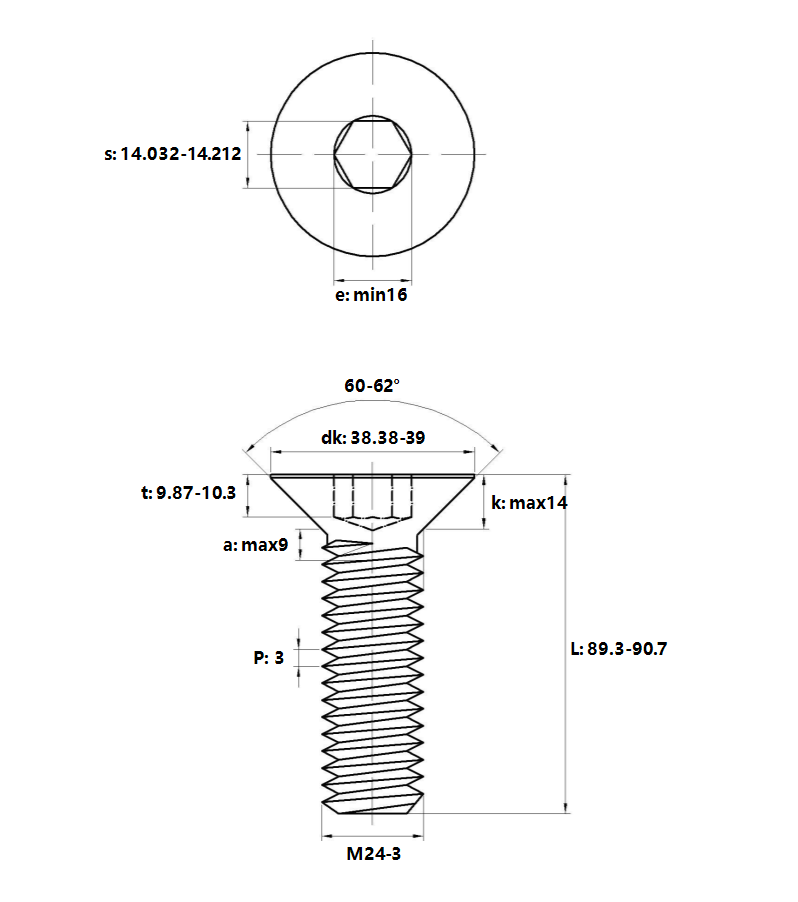 Bản vẽ kỹ thuật Lục Giác Chìm Col Thép Đen 10.9 DIN7991 M24x90