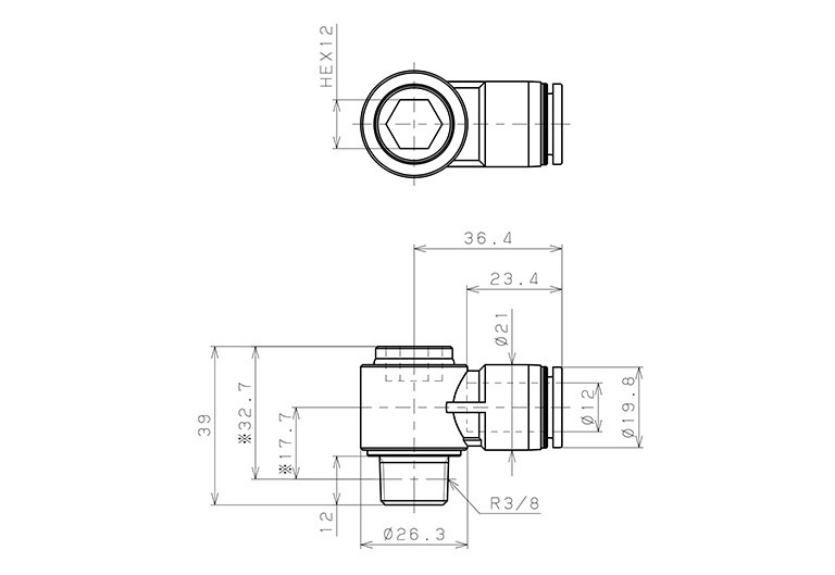 Bản vẽ kỹ thuật Đầu Nối Nhanh Khí Nén Dạng Cong 90° Đầu Lục Giác Chìm Ren Ngoài Pisco POL12-03W