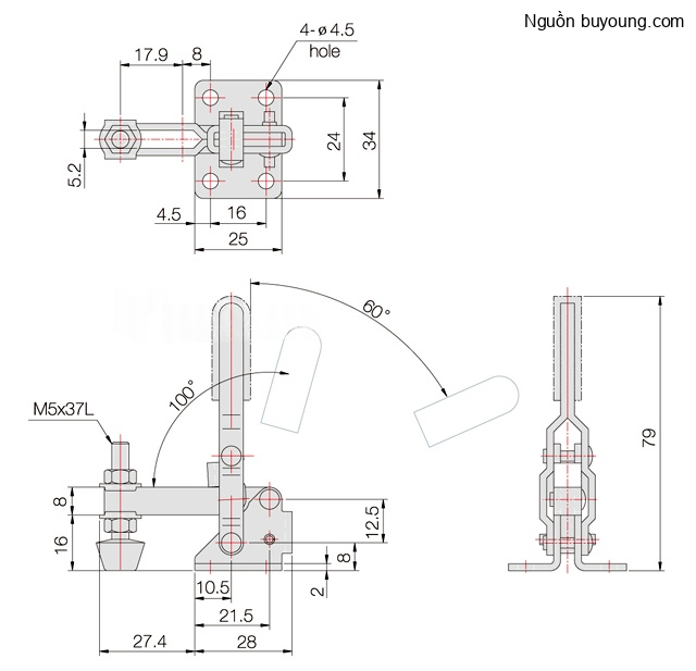 Bản vẽ kỹ thuật Kẹp Định Vị Thép Mạ Kẽm (45KG) Buyoung 005-11F