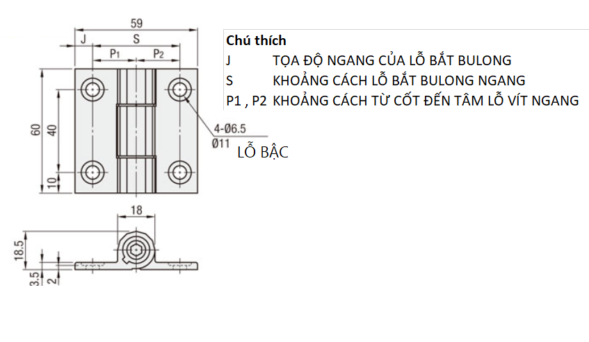 Bản vẽ kỹ thuật Bản Lề Lò Xo Moment Xoắn (Có Thể Điều Chỉnh) Nhôm Hợp Kim Mạ Anodized Đen (HHPTFB6) L 60 mm