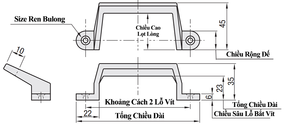 Bản vẽ kỹ thuật Tay Nắm Cửa Chữ U Dạng Offset Inox 304 Đánh Bóng L 100 mm (UWASNDF100)