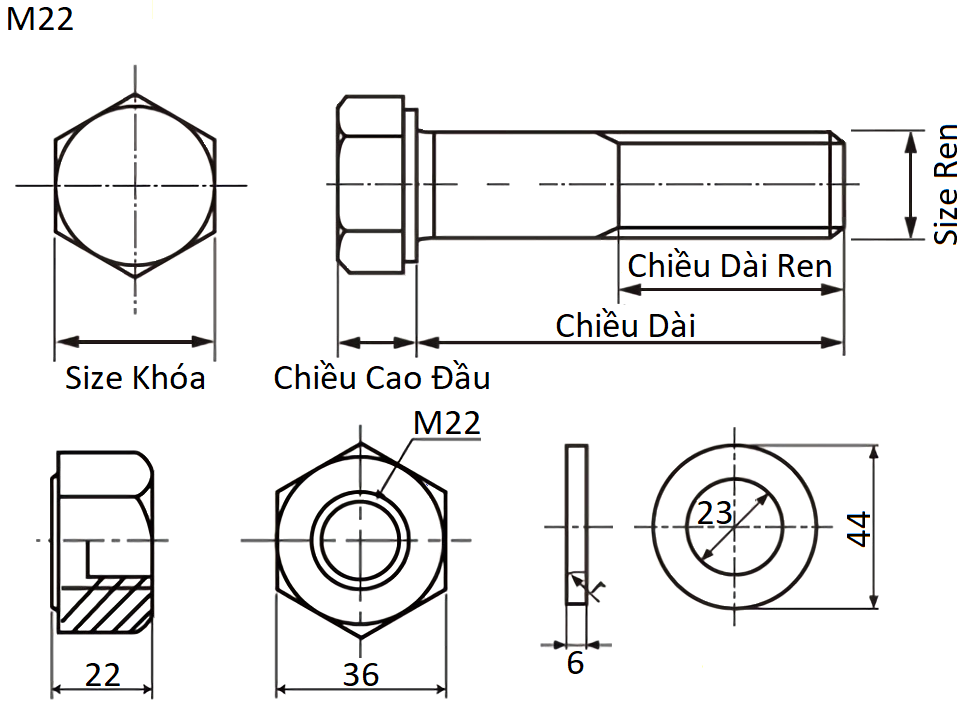 Bản vẽ kỹ thuật Bulong Cường Độ Cao Thép Đen F10T M22x60 Ren Lửng (1 Tán + 2 Lông Đền)