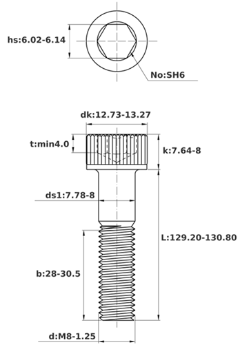 Bản vẽ kỹ thuật Lục Giác Chìm Đầu Trụ Thép Mạ Kẽm Trắng Cr3+ 12.9 DIN912 M8x130 Ren Lửng