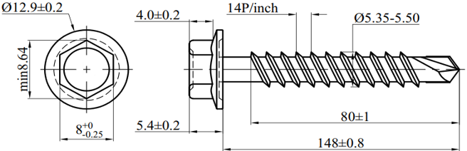 Bản vẽ kỹ thuật Vít Tôn Đầu Lục Giác MS-PRO 4.8x150mm (200 Cái)
