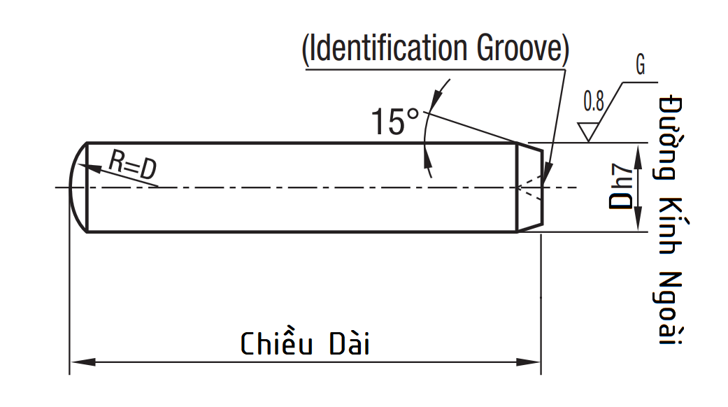 Bản vẽ kỹ thuật Chốt Định Vị 1 Đầu Tròn 1 Đầu Vát Inox 440C (+0.010/+0.005) D5x10