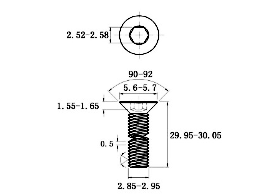 Bản vẽ kỹ thuật Lục Giác Chìm Col Thép Đen 10.9 DIN7991 M3x30