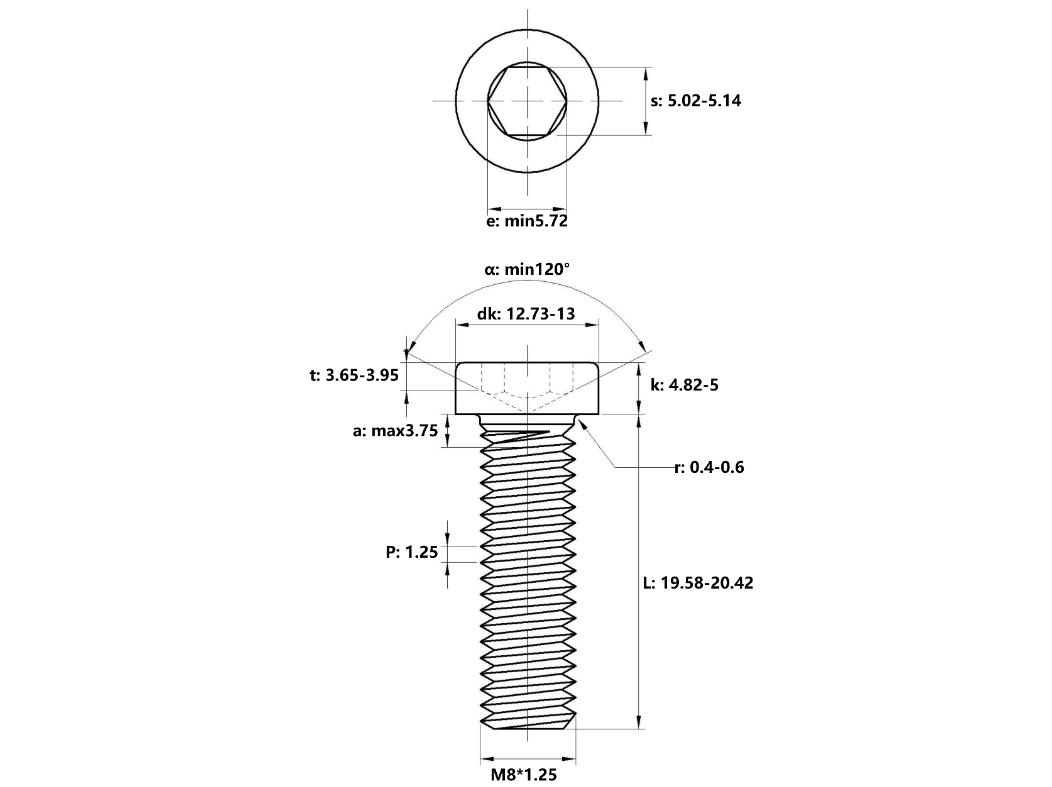 Bản vẽ kỹ thuật Lục Giác Trụ Đầu Thấp Thép Đen 12.9 DIN7984 M8x20