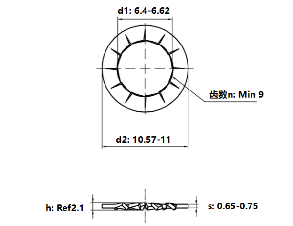 Bản vẽ kỹ thuật Lông Đền Răng Trong Loại J Thép Mạ Kẽm Trắng Cr3+ 4.8 DIN6798J M6