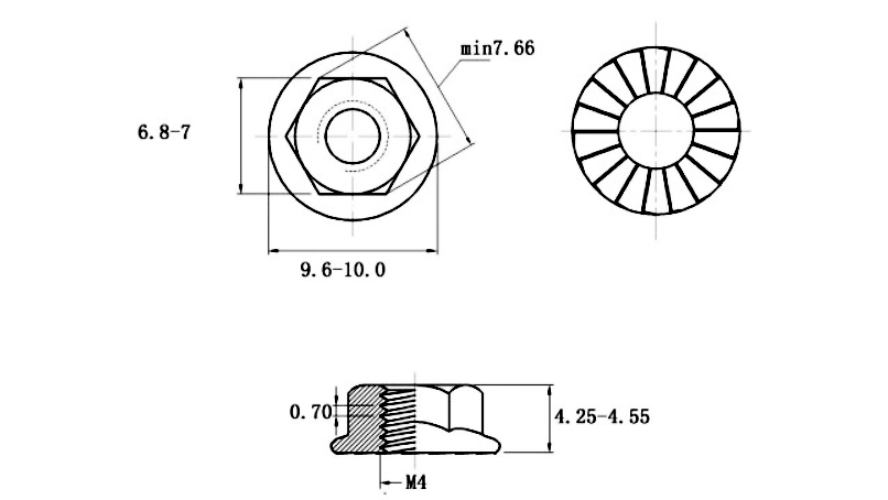 Bản vẽ kỹ thuật Tán Khía Thép Mạ Kẽm 8.8 DIN6923 M4