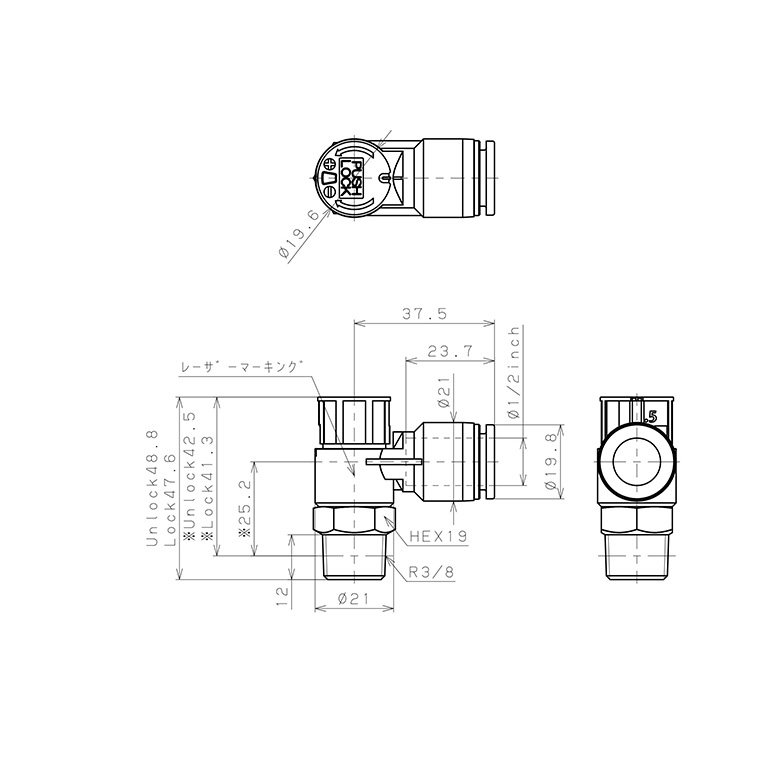 Bản vẽ kỹ thuật Van Tiết Lưu Khí Nén Loại Khóa Đẩy Có Hiển Thị Chỉ Số Pisco JSGC1/2-03BW