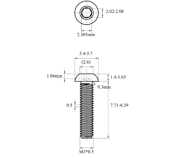 Bản vẽ kỹ thuật Lục Giác Chìm Mo Thép Mạ Kẽm Trắng Cr3+ 10.9 ISO7380 M3x8 (50Cái/Bịch)