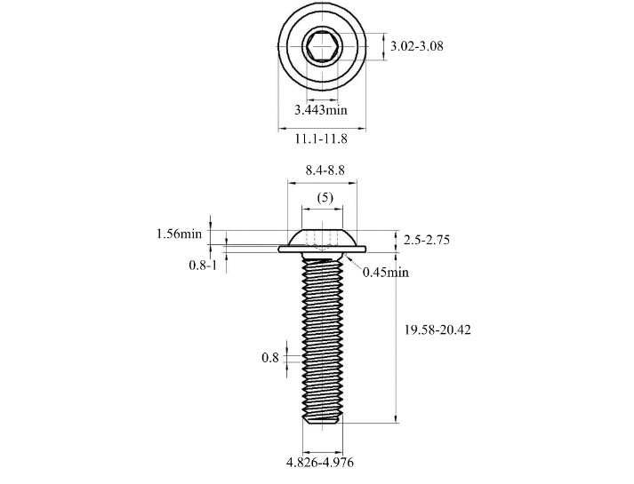 Bản vẽ kỹ thuật Lục Giác Chìm Mo Thép Mạ Kẽm Trắng Cr3+ 10.9 ISO7380-2 M5x20 (25Cái/Bịch)