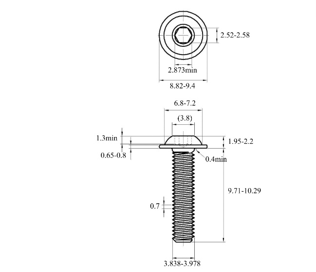 Bản vẽ kỹ thuật Lục Giác Chìm Mo Thép Mạ Kẽm Trắng Cr3+ 10.9 ISO7380-2 M4x10