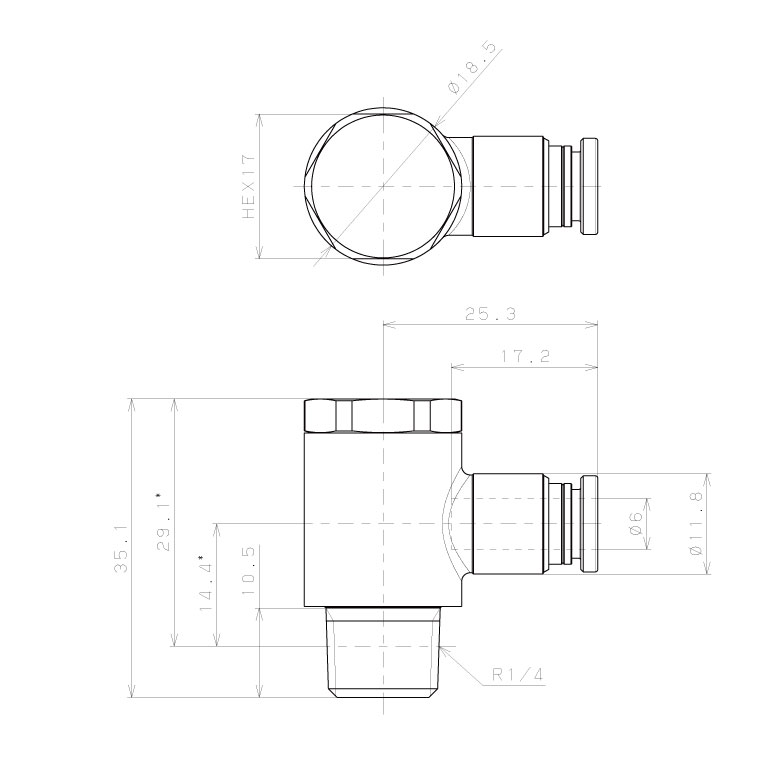 Bản vẽ kỹ thuật Đầu Nối Nhanh Khí Nén Cong 90° Đầu Lục Giác Trụ Ren Ngoài Pisco KH6-02-1-F