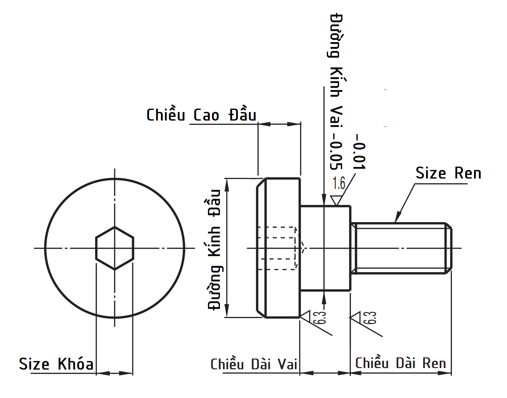 Bản vẽ kỹ thuật Bulong Vai Lục Giác D5x2 CBDR5-2