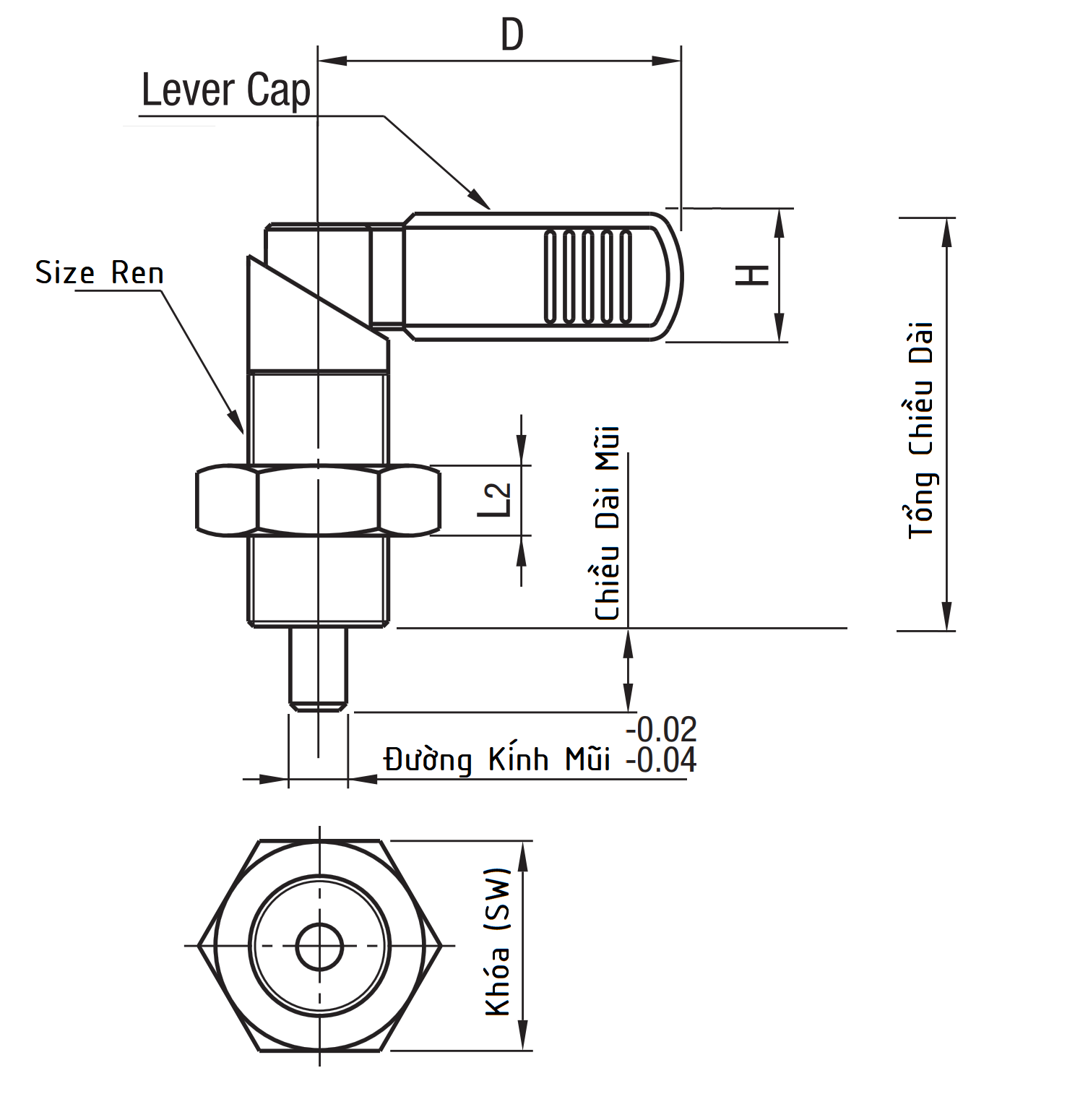 Bản vẽ kỹ thuật Indexing Plungers Fine Thread Lever Cap With Lock Nut M16x1.5 - 8mm PXVBK16-8