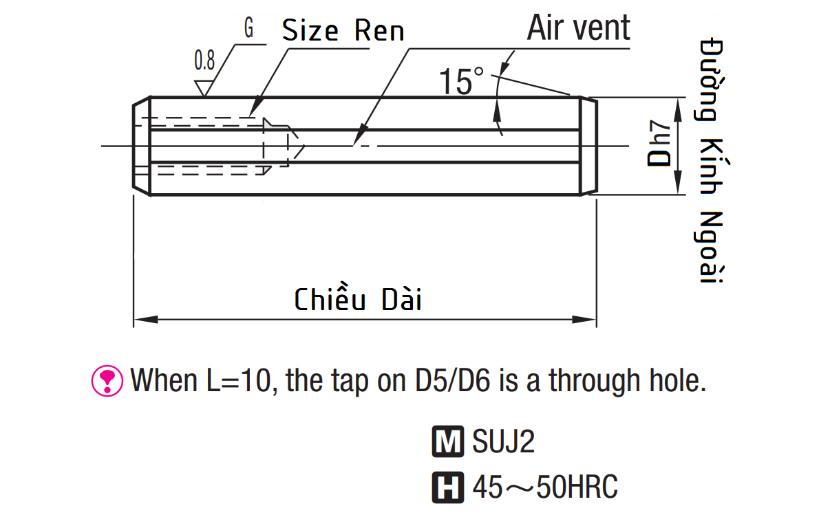 Bản vẽ kỹ thuật Chốt Định Vị Ren Trong Thép SUJ2 D5x35 MSTH5-35 (h7)
