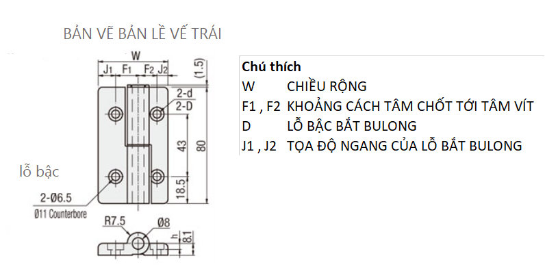 Bản vẽ kỹ thuật Bản Lề Tháo Rời Trái Nhôm Hợp Kim Bắn Cát (HHPNDLK8-5) L 80 mm