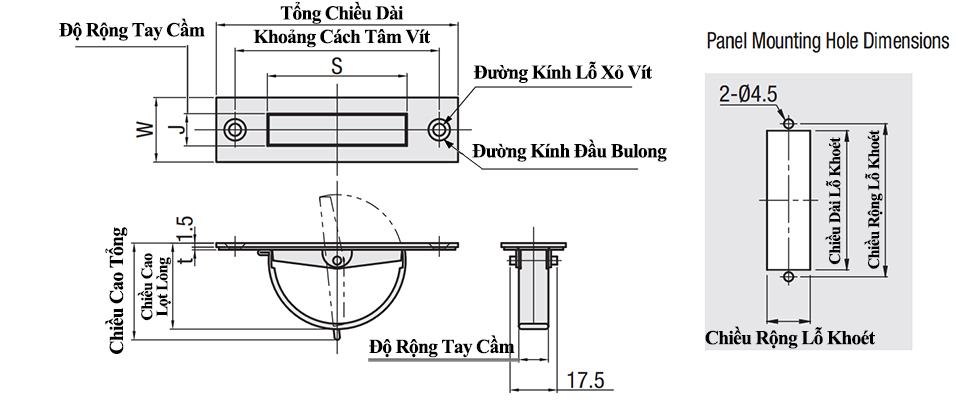 Bản vẽ kỹ thuật Tay Nắm Cửa Xoay Inox 304 W 12 mm x L 115 mm (UWAKS115)