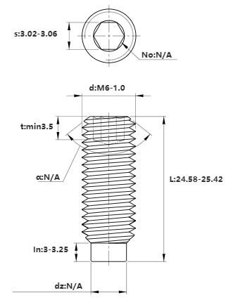 Bản vẽ kỹ thuật Vít Trí Đuôi Trụ Thép Đen 10.9 DIN915 M6x25