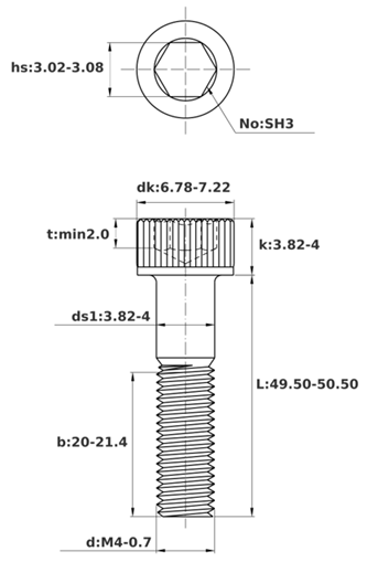 Bản vẽ kỹ thuật Lục Giác Chìm Đầu Trụ Inox 304 DIN912 M4x50 Ren Lửng