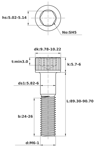 Bản vẽ kỹ thuật Lục Giác Chìm Đầu Trụ Inox 304 DIN912 M6x90 Ren Lửng
