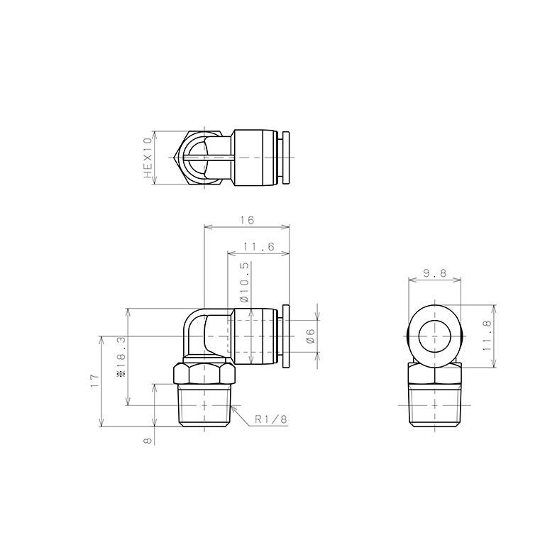 Bản vẽ kỹ thuật Đầu Nối Nhanh Khí Nén Dạng Cong 90° Ren Ngoài Pisco PL6-01M