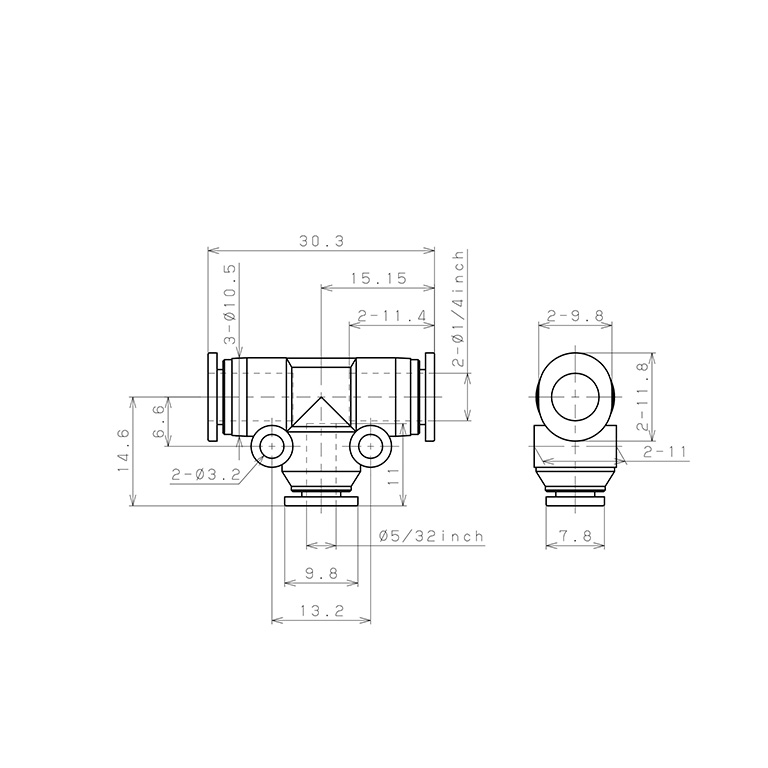 Bản vẽ kỹ thuật Đầu Nối Nhanh Khí Nén Chữ T Dạng Nối Giảm Pisco PEG1/4-5/32M