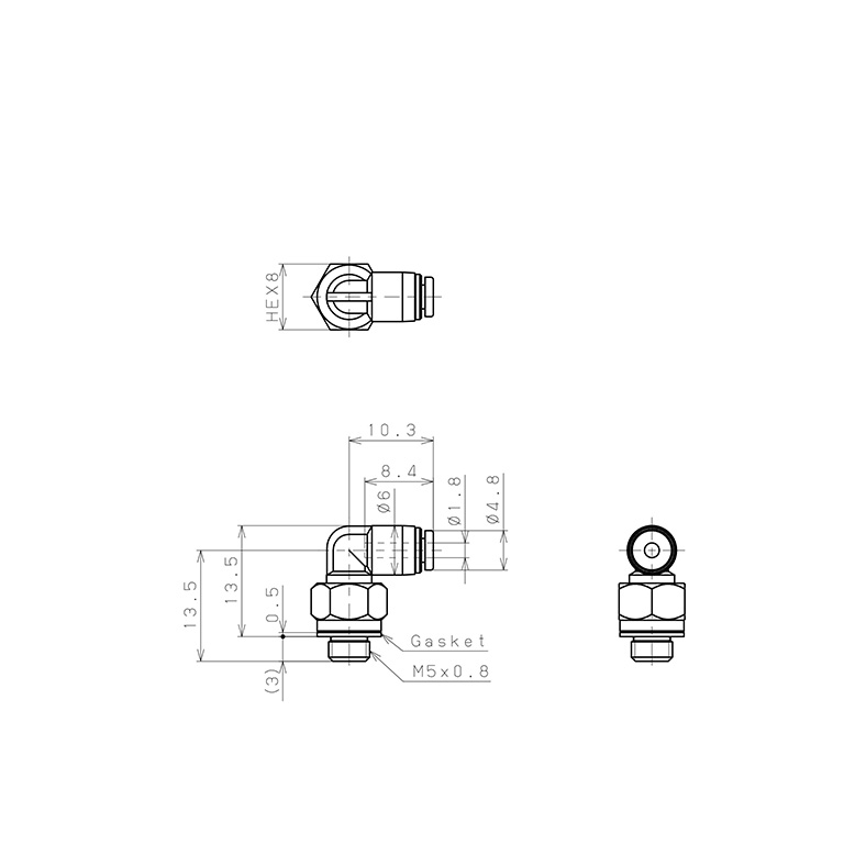 Bản vẽ kỹ thuật Đầu Nối Nhanh Khí Nén Dạng Cong 90° Ren Ngoài Pisco PL180-M5MW