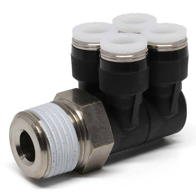 Đầu Nối Nhanh Khí Nén Bốn Nhánh Cong 90° Thân Lục Giác Trụ Ren Ngoài Pisco PAW5/16-04