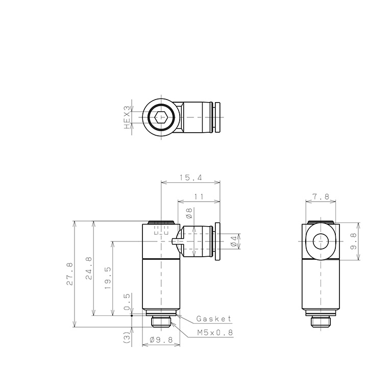 Bản vẽ kỹ thuật Đầu Nối Nhanh Khí Nén Dạng Cong 90° (Dài) Đầu Lục Giác Chìm Ren Ngoài Pisco POLL4-M5M