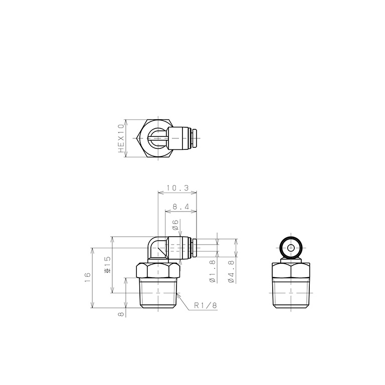 Bản vẽ kỹ thuật Đầu Nối Nhanh Khí Nén Dạng Cong 90° Ren Ngoài Pisco PL180-01M