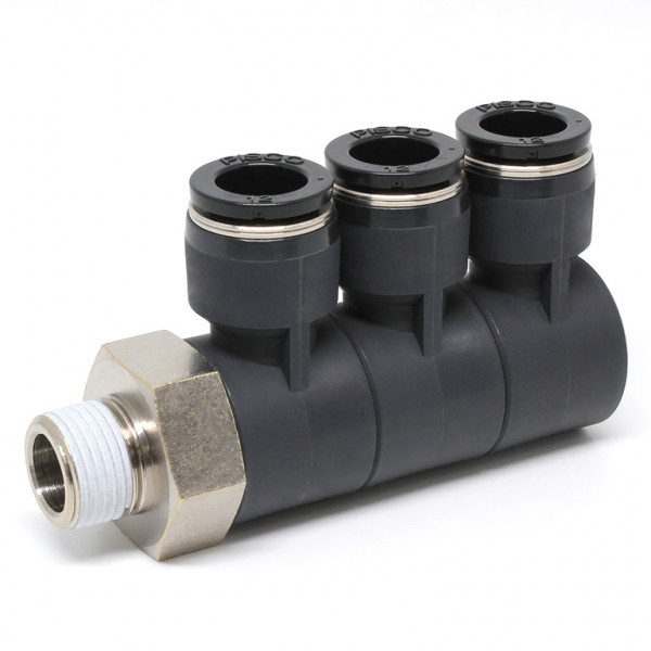 Đầu Nối Nhanh Khí Nén Ba Nhánh Cong 90° Thân Lục Giác Trụ Ren Ngoài Pisco PHT12-03-C
