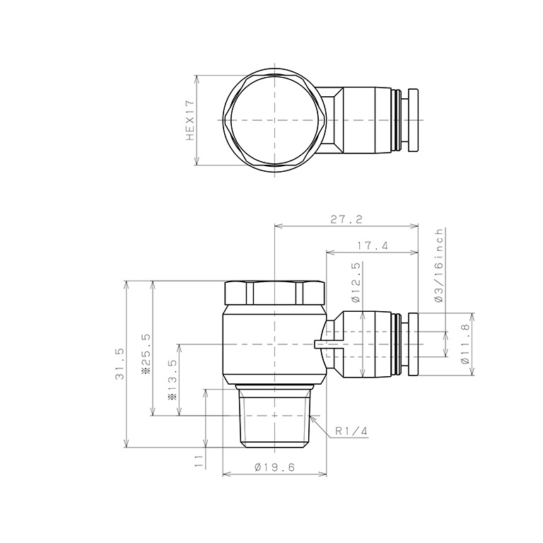 Bản vẽ kỹ thuật Đầu Nối Nhanh Khí Nén Cong 90° Đầu Lục Giác Trụ Ren Ngoài Pisco PH3/16-02