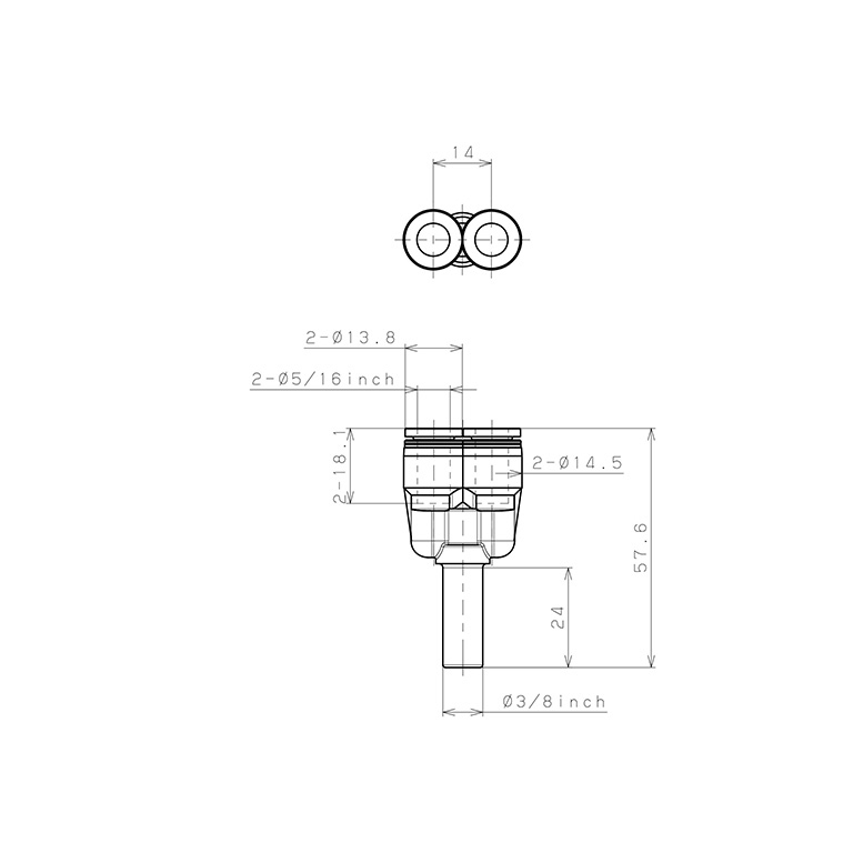Bản vẽ kỹ thuật Đầu Nối Nhanh Khí Nén Giữa Ống Khí Và Fitting Dạng Nối Giảm Chữ Y Pisco PWJ3/8-5/16-C