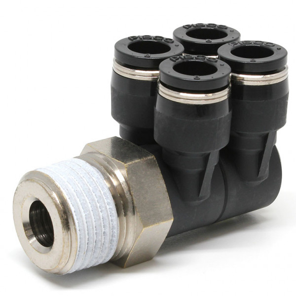 Đầu Nối Nhanh Khí Nén Bốn Nhánh Cong 90° Thân Lục Giác Trụ Ren Ngoài Pisco PAW8-04-C