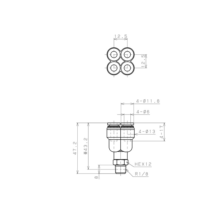 Bản vẽ kỹ thuật Đầu Nối Nhanh Khí Nén Dạng Chữ Y Bốn Nhánh Ren Ngoài Pisco PRX6-01W