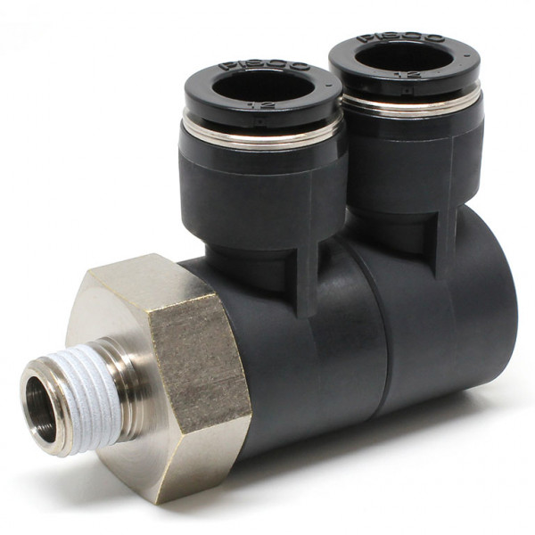 Đầu Nối Nhanh Khí Nén Hai Nhánh Cong 90° Thân Lục Giác Trụ Ren Ngoài Pisco PHW12-02W