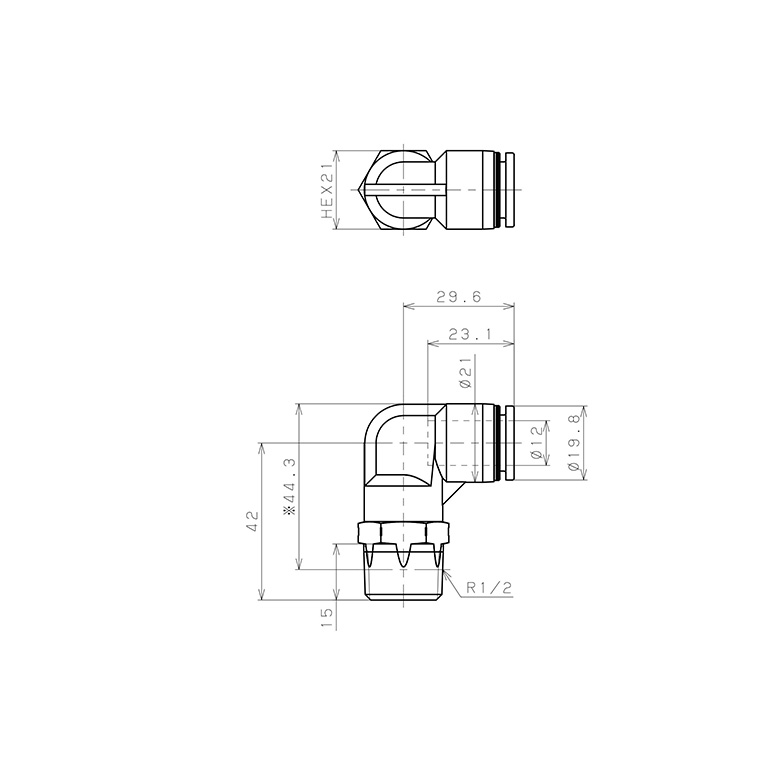 Bản vẽ kỹ thuật Đầu Nối Nhanh Khí Nén Dạng Cong 90° Ren Ngoài Pisco PL12-04SUS