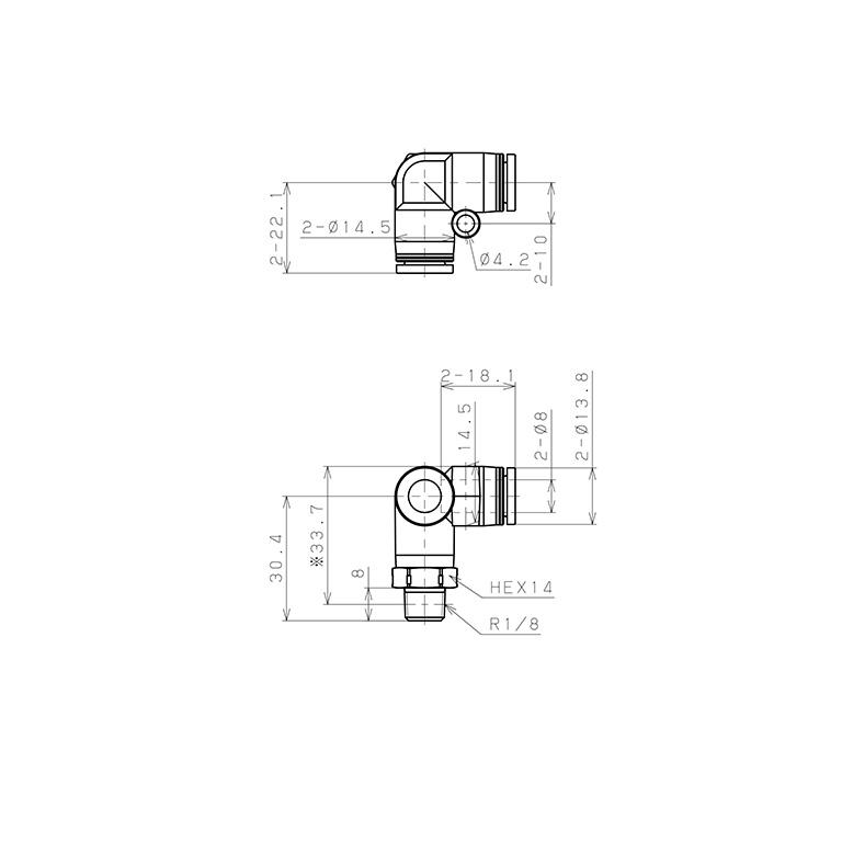Bản vẽ kỹ thuật Đầu Nối Nhanh Khí Nén Hai Nhánh Chạc Ba Cong 90° Ren Ngoài Pisco PVX8-01SUS